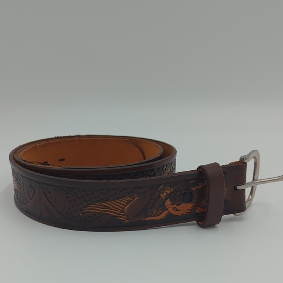 Wrangler Men's Genuine Leather Belt Dark Brown Embossed Eagle - Picture 1 of 11